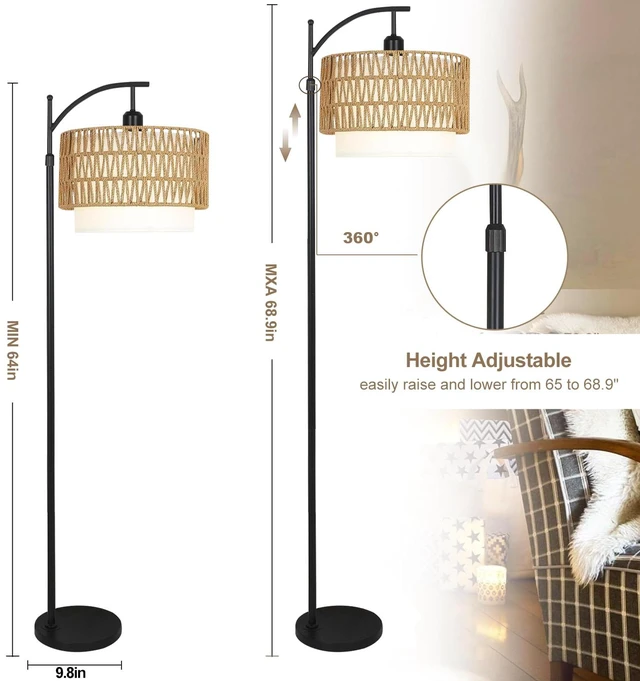 Alt view image 5 of 7 - Arc Floor Lamp for Living Room Boho Floor Lamps with Remote Control & with 3 Color Temperatures,Rattan Wicker Standing Lamp Dimmable Tall Floor Lamp for Bedroom Living Room Corner