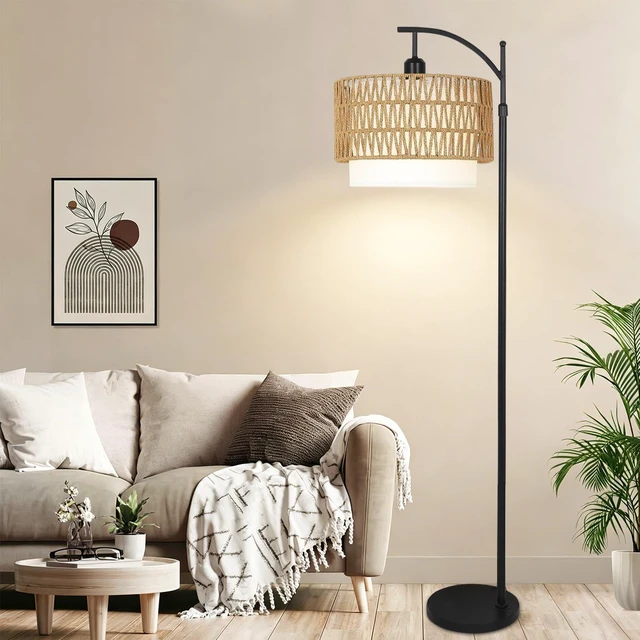 Alt view image 6 of 7 - Arc Floor Lamp for Living Room Boho Floor Lamps with Remote Control & with 3 Color Temperatures,Rattan Wicker Standing Lamp Dimmable Tall Floor Lamp for Bedroom Living Room Corner