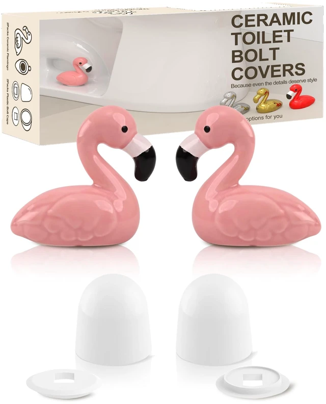Main image of Flamingo Ceramic Toilet Bolt Covers Decorative, Pink Bathroom Decor, 2Pack Bolt Hole 1.18'', Covers Ugly Bolts, Tool-Free Install Screw Caps, Cute Gift for Pink Lover, Women