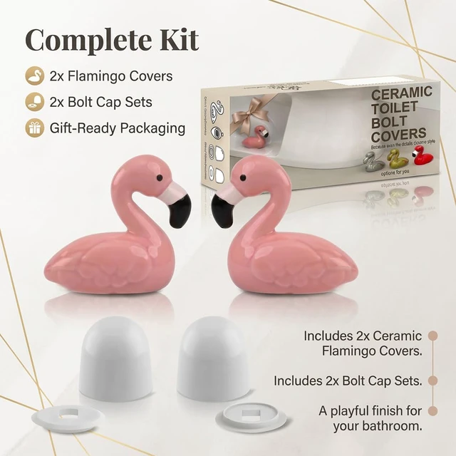 Alt view image 2 of 7 - Flamingo Ceramic Toilet Bolt Covers Decorative, Pink Bathroom Decor, 2Pack Bolt Hole 1.18'', Covers Ugly Bolts, Tool-Free Install Screw Caps, Cute Gift for Pink Lover, Women