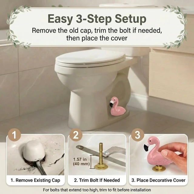 Alt view image 5 of 7 - Flamingo Ceramic Toilet Bolt Covers Decorative, Pink Bathroom Decor, 2Pack Bolt Hole 1.18'', Covers Ugly Bolts, Tool-Free Install Screw Caps, Cute Gift for Pink Lover, Women