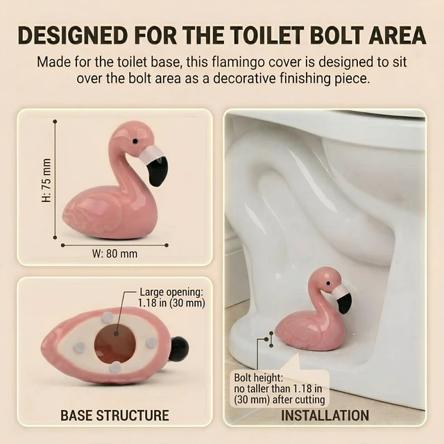 Alt view image 4 of 7 - Flamingo Ceramic Toilet Bolt Covers Decorative, Pink Bathroom Decor, 2Pack Bolt Hole 1.18'', Covers Ugly Bolts, Tool-Free Install Screw Caps, Cute Gift for Pink Lover, Women