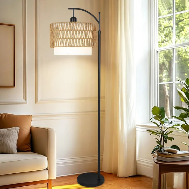 Alt view image 7 of 7 - Arc Floor Lamp for Living Room Boho Floor Lamps with Remote Control & with 3 Color Temperatures,Rattan Wicker Standing Lamp Dimmable Tall Floor Lamp for Bedroom Living Room Corner