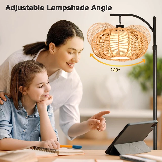 Alt view image 3 of 7 - Arc Floor Lamps for Living Room Bedroom Rattan Boho Floor Lamp with Remote Control,Dimmable Led Standing Lamp Wicker Lamp Shade Rustic Tall Floor Lamp Modern Flower Lamp for Bedroom Corner
