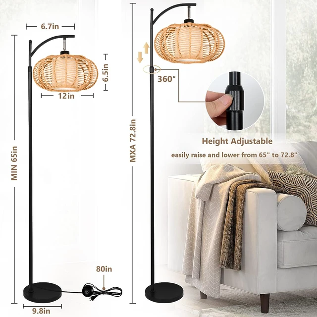 Alt view image 5 of 7 - Arc Floor Lamps for Living Room Bedroom Rattan Boho Floor Lamp with Remote Control,Dimmable Led Standing Lamp Wicker Lamp Shade Rustic Tall Floor Lamp Modern Flower Lamp for Bedroom Corner