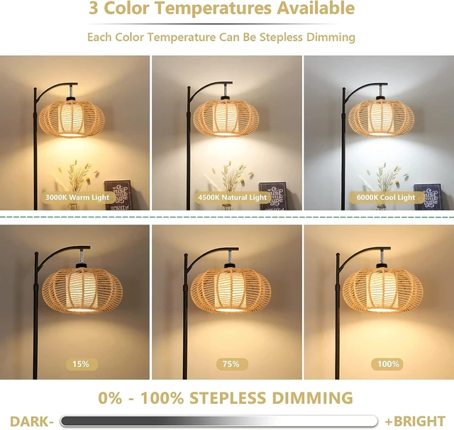 Alt view image 2 of 7 - Arc Floor Lamps for Living Room Bedroom Rattan Boho Floor Lamp with Remote Control,Dimmable Led Standing Lamp Wicker Lamp Shade Rustic Tall Floor Lamp Modern Flower Lamp for Bedroom Corner
