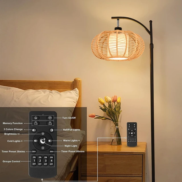 Alt view image 4 of 7 - Arc Floor Lamps for Living Room Bedroom Rattan Boho Floor Lamp with Remote Control,Dimmable Led Standing Lamp Wicker Lamp Shade Rustic Tall Floor Lamp Modern Flower Lamp for Bedroom Corner