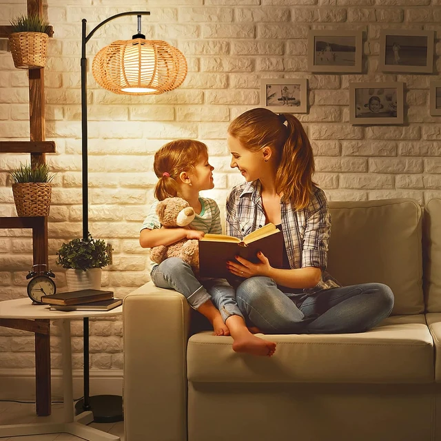 Alt view image 7 of 7 - Arc Floor Lamps for Living Room Bedroom Rattan Boho Floor Lamp with Remote Control,Dimmable Led Standing Lamp Wicker Lamp Shade Rustic Tall Floor Lamp Modern Flower Lamp for Bedroom Corner
