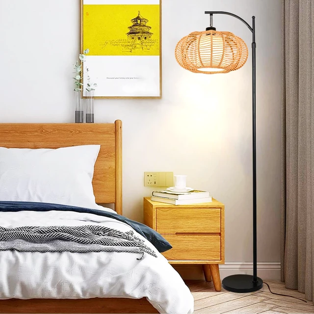 Alt view image 6 of 7 - Arc Floor Lamps for Living Room Bedroom Rattan Boho Floor Lamp with Remote Control,Dimmable Led Standing Lamp Wicker Lamp Shade Rustic Tall Floor Lamp Modern Flower Lamp for Bedroom Corner