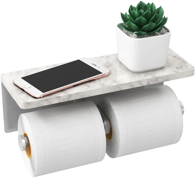 Main image of Toilet Paper Holder with Marble Shelf, Double Brushed Nickel Stainless Steel Tissue Roll Paper Holder Wall Mount for Bathroom Washroom