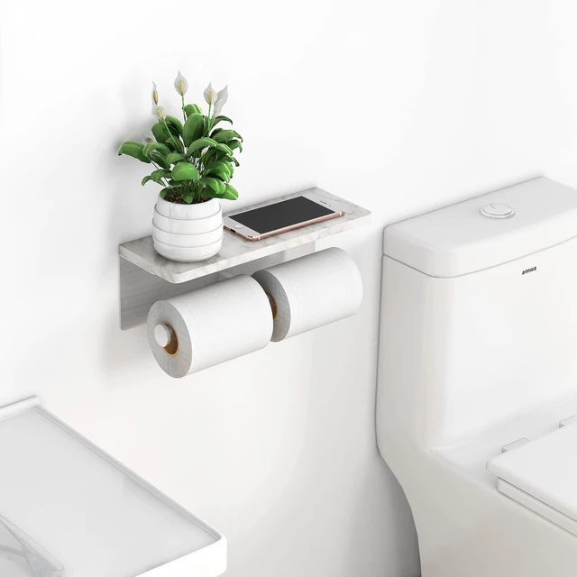 Alt view image 2 of 7 - Toilet Paper Holder with Marble Shelf, Double Brushed Nickel Stainless Steel Tissue Roll Paper Holder Wall Mount for Bathroom Washroom