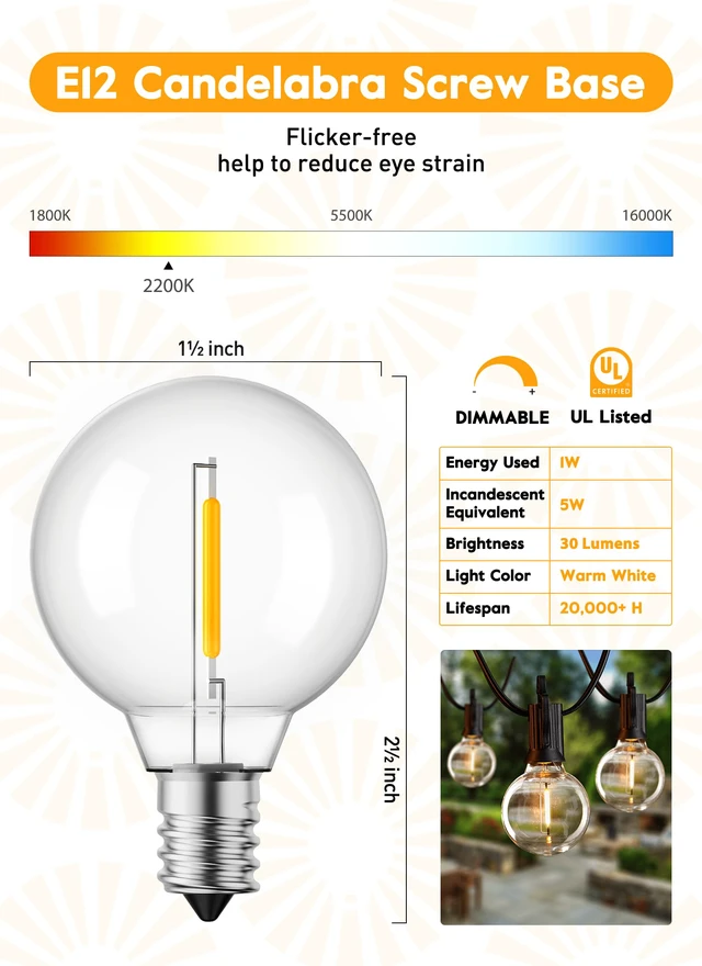 Alt view image 4 of 7 - 50 Pack G40 LED Replacement Bulbs, E12 Base, 2200K, Warm White Shatterproof Plastic LED Light Bulb, Waterproof, Dimmable, 1.5" Edison Light Bulbs for Indoor Outdoor Patio Backyard Decor