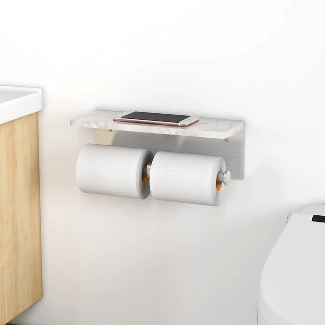 Alt view image 7 of 7 - Toilet Paper Holder with Marble Shelf, Double Brushed Nickel Stainless Steel Tissue Roll Paper Holder Wall Mount for Bathroom Washroom