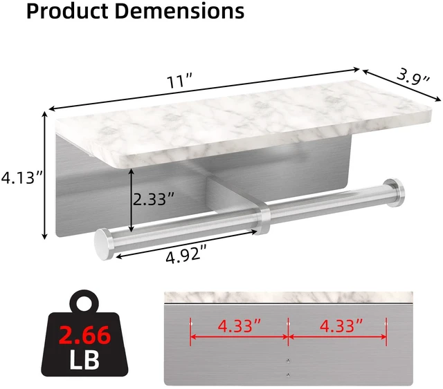 Alt view image 6 of 7 - Toilet Paper Holder with Marble Shelf, Double Brushed Nickel Stainless Steel Tissue Roll Paper Holder Wall Mount for Bathroom Washroom