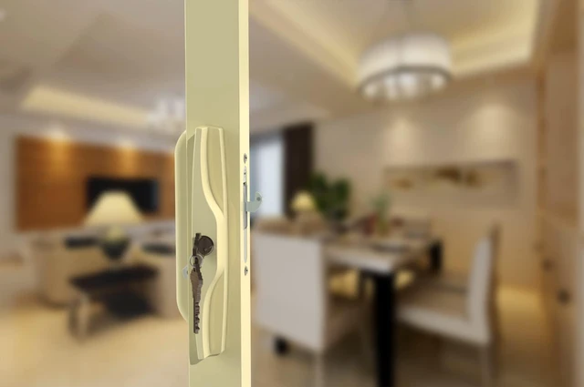 Alt view image 7 of 7 - Beige Sliding Glass Door Handle Set with Lock and Key Fits 3-15/16 in screw holes; keyed mortise lock, reversible, for 1.25 to 2.25 in doors