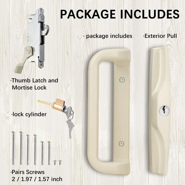 Alt view image 5 of 7 - Beige Sliding Glass Door Handle Set with Lock and Key Fits 3-15/16 in screw holes; keyed mortise lock, reversible, for 1.25 to 2.25 in doors