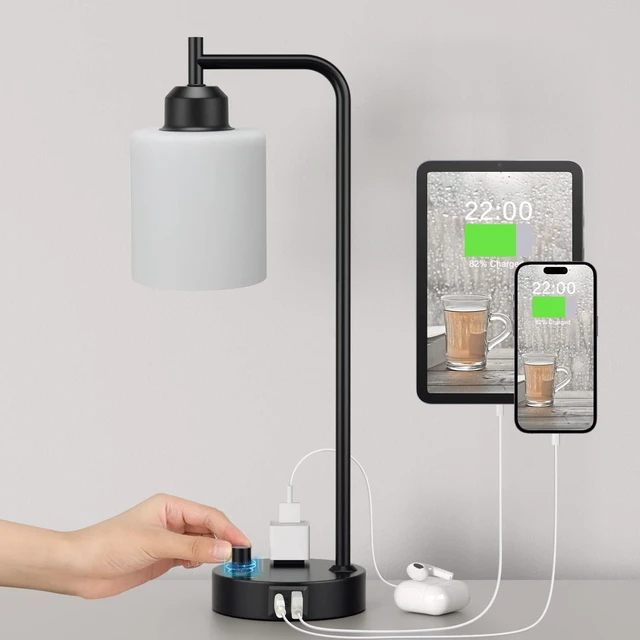 Main image of Industrial Bedroom Table Lamps for Bedside - White Opal Glass Shade Desk Lamps with USB C Port, Fully Dimmable Black Lamps with USB Port and Outlet, Reading Nightstand Lamp for Office Living Room