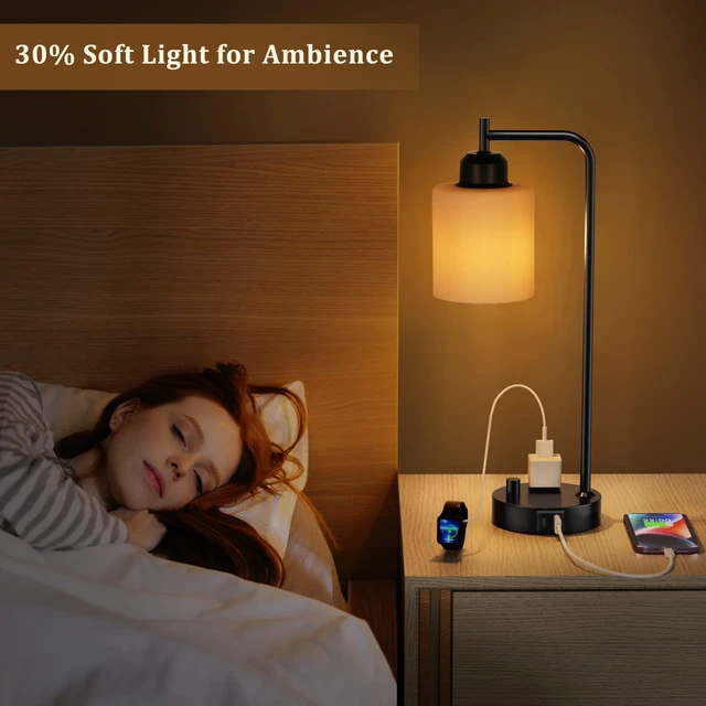 Alt view image 4 of 7 - Industrial Bedroom Table Lamps for Bedside - White Opal Glass Shade Desk Lamps with USB C Port, Fully Dimmable Black Lamps with USB Port and Outlet, Reading Nightstand Lamp for Office Living Room