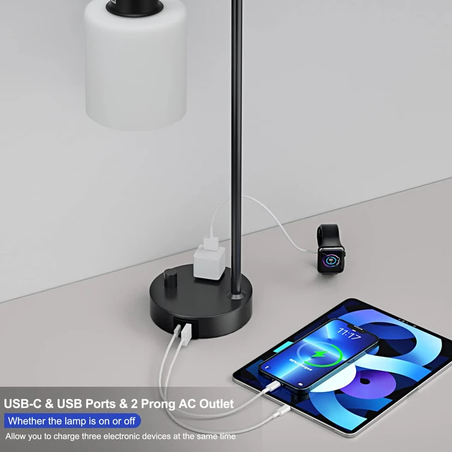 Alt view image 3 of 7 - Industrial Bedroom Table Lamps for Bedside - White Opal Glass Shade Desk Lamps with USB C Port, Fully Dimmable Black Lamps with USB Port and Outlet, Reading Nightstand Lamp for Office Living Room