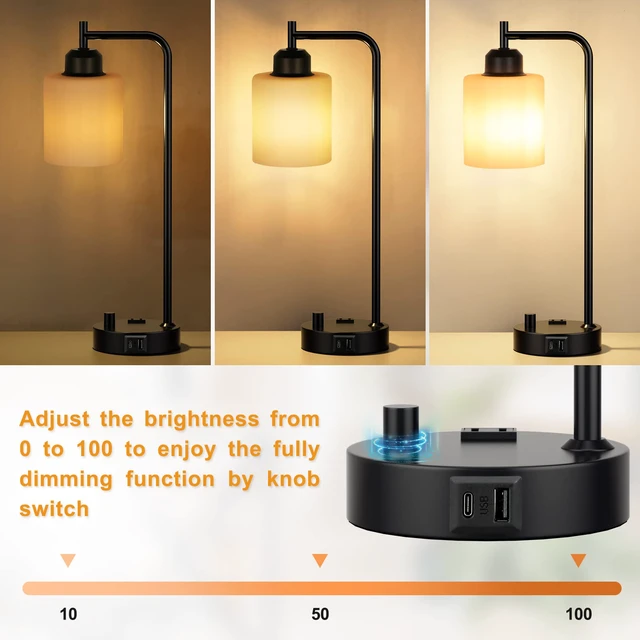 Alt view image 2 of 7 - Industrial Bedroom Table Lamps for Bedside - White Opal Glass Shade Desk Lamps with USB C Port, Fully Dimmable Black Lamps with USB Port and Outlet, Reading Nightstand Lamp for Office Living Room