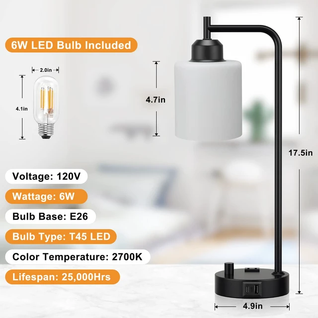 Alt view image 7 of 7 - Industrial Bedroom Table Lamps for Bedside - White Opal Glass Shade Desk Lamps with USB C Port, Fully Dimmable Black Lamps with USB Port and Outlet, Reading Nightstand Lamp for Office Living Room