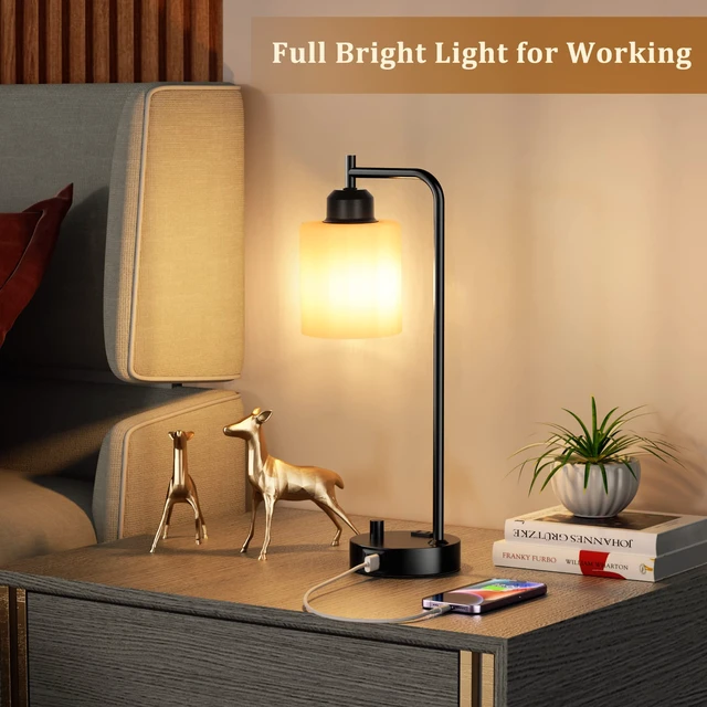 Alt view image 5 of 7 - Industrial Bedroom Table Lamps for Bedside - White Opal Glass Shade Desk Lamps with USB C Port, Fully Dimmable Black Lamps with USB Port and Outlet, Reading Nightstand Lamp for Office Living Room