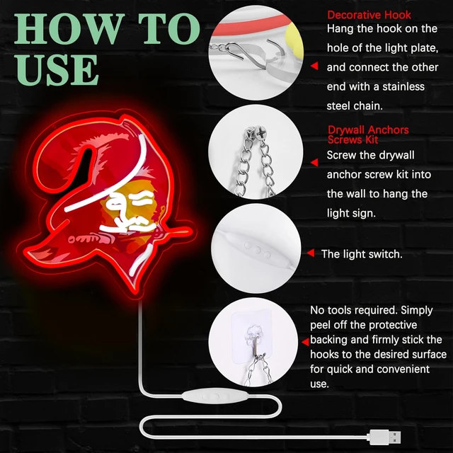 Alt view image 4 of 6 - Buccaneers Football Neon Signs Led Sign for Wall Decor Rugby Team Light Up Sign Suitable for Man Cave Office Bar Pub Wall Art Gifts for Teen Boys