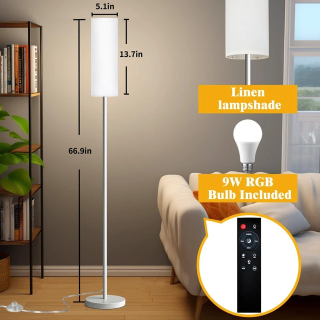 Alt view image 2 of 7 - Smart LED Floor Lamp with APP Control & RGB Colors - Dimmable Standing Lamp for Living Room, Bedroom, Gaming - Remote, Timer, 9W Bulb Included, 67" Modern Tall Lamp (White)