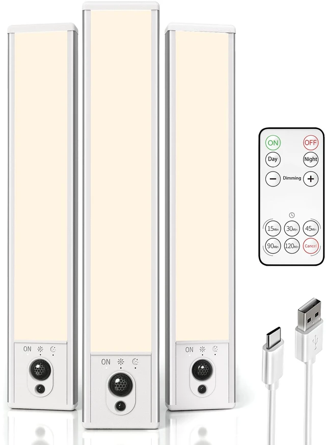 Main image of 3-Pack Under Cabinet Lighting, 2400mAh Motion Sensor Light, LED Closet Lights Wireless, 3000K Dimmable, Timer, Magnetic, with Remote Control for Kitchen, Closet, Stairs