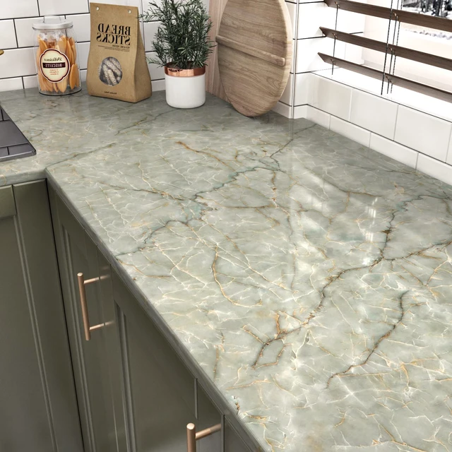 Alt view image 2 of 7 - Vinyl 15.8" x 472" Green Marble Contact Paper for Cabinets Counter Top Waterproof Marble Wallpaper Peel and Stick Countertops Self Adhesive Contact Paper for Desk Table Top Removable Decorative Film