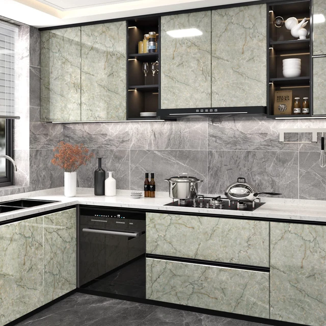 Alt view image 5 of 7 - Vinyl 15.8" x 472" Green Marble Contact Paper for Cabinets Counter Top Waterproof Marble Wallpaper Peel and Stick Countertops Self Adhesive Contact Paper for Desk Table Top Removable Decorative Film