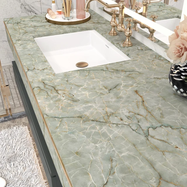 Alt view image 7 of 7 - Cyan Marble Contact Paper for Countertops Waterproof Marble Wallpaper Peel and Stick Vinyl Countertop Contact Paper for Cabinets Self Adhesive Green Granite Wallpapers for Drawer Shelf Liner 24x394 IN