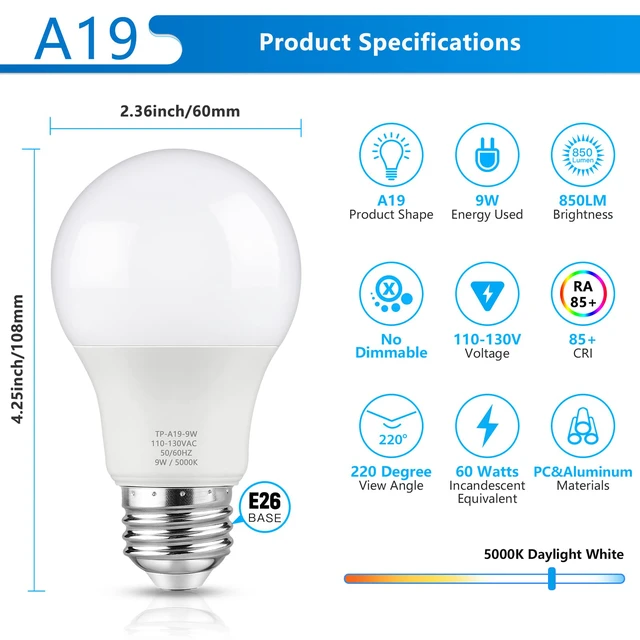 Alt view image 2 of 7 - A19 LED Light Bulbs, 60W Equivalent Daylight White 5000K 850LM Efficient 9W Bight White LED Bulb, E26 Medium Base, Non-Dimmable Lightbulb for Bedroom, Energy Saving, 85+ CRI, 120V, 10-Pack