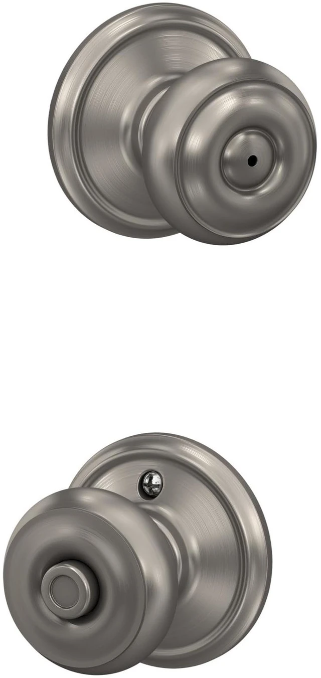 Main image of Georgian Bed/Bath Privacy Door Knob with Lock, Satin Nickel Interior bedroom or bathroom door knob with push button lock, Easy to install, Certified durability, Universal fit - Doorknobs