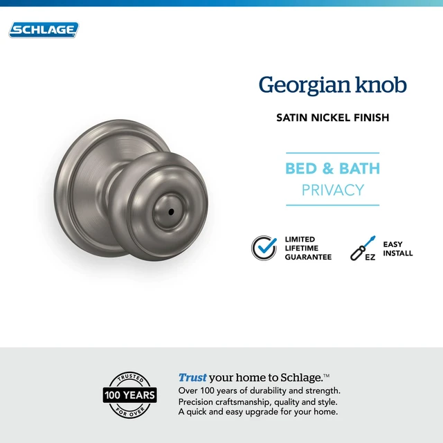 Alt view image 4 of 7 - Georgian Bed/Bath Privacy Door Knob with Lock, Satin Nickel Interior bedroom or bathroom door knob with push button lock, Easy to install, Certified durability, Universal fit - Doorknobs