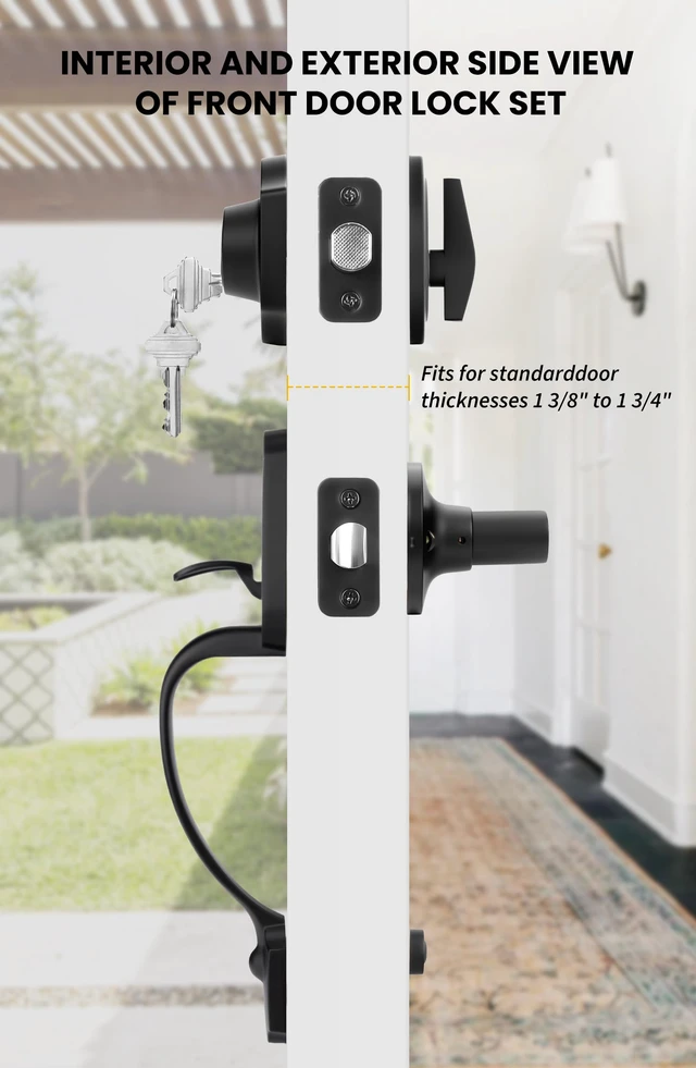 Alt view image 3 of 7 - Front Door Lock Set, Door Handle Exterior, Front Door Handle Set, Black Front Door Handle and Deadbolt Set, Exterior Door Lock Set