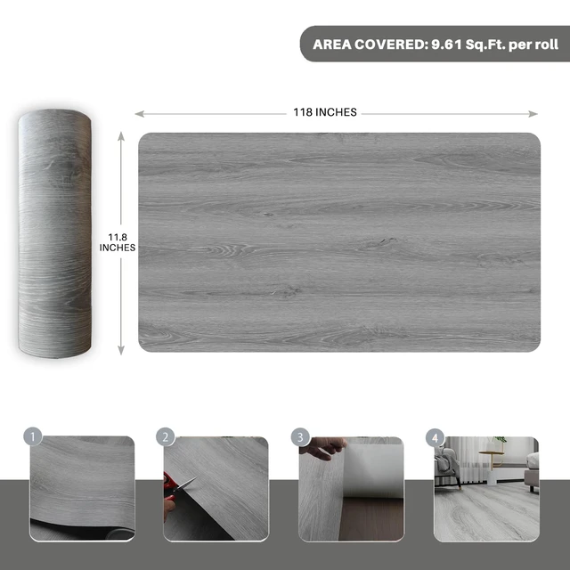Alt view image 2 of 7 - Wood Grain Peel and Stick Floor Tiles, 11.8" x 118", Soft Gray Oak Soft woodlook finish, Nonslip texture, Easy to cut, Lowmaintenance surface, Good for renters, Works on many surfaces