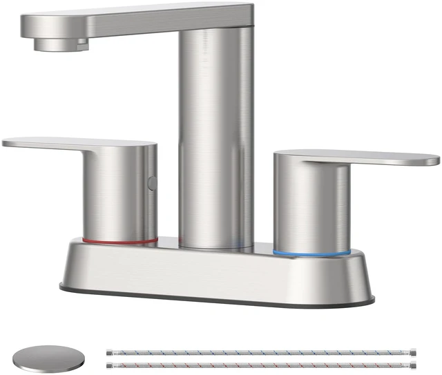 Main image of Brushed Nickel Bathroom Faucets 4 in Centerset Faucet for Bathroom Sink 2 or 3 Hole Basin 2-Handle 360° Swivel Spout Sink Faucet with Pop up Drain and Water Supply Hose for Farmhouse Vanity