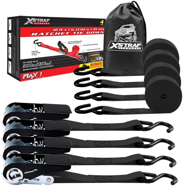 Main image of 4-PK Ratchet Tie Down Straps, 1" x 10FT Cargo Straps, Black 900 Lbs Break Strength Securing Straps with S-Hook for UTV, ATV, Pickup,Truck, Moving Appliances, Lawn Equipment