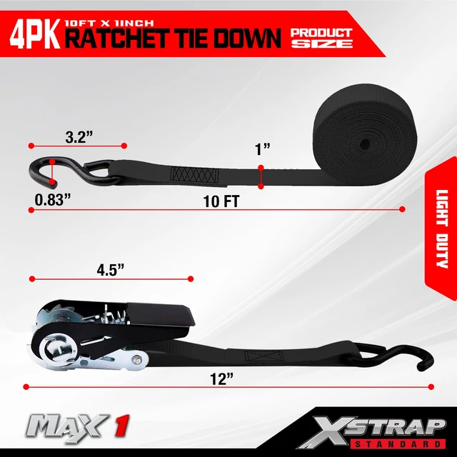 Alt view image 3 of 7 - 4-PK Ratchet Tie Down Straps, 1" x 10FT Cargo Straps, Black 900 Lbs Break Strength Securing Straps with S-Hook for UTV, ATV, Pickup,Truck, Moving Appliances, Lawn Equipment
