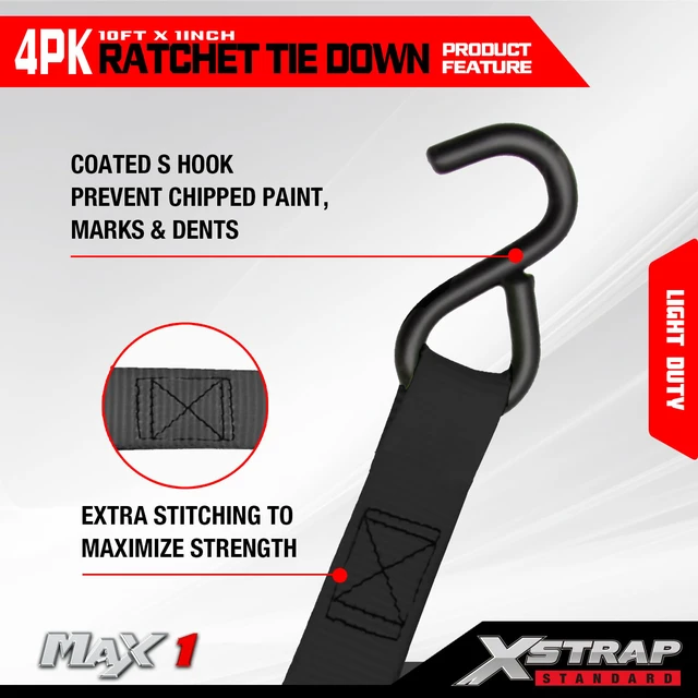 Alt view image 5 of 7 - 4-PK Ratchet Tie Down Straps, 1" x 10FT Cargo Straps, Black 900 Lbs Break Strength Securing Straps with S-Hook for UTV, ATV, Pickup,Truck, Moving Appliances, Lawn Equipment