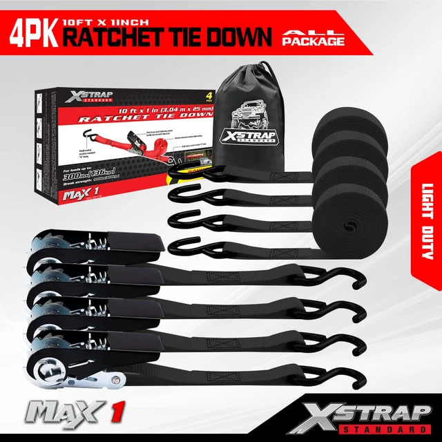 Alt view image 7 of 7 - 4-PK Ratchet Tie Down Straps, 1" x 10FT Cargo Straps, Black 900 Lbs Break Strength Securing Straps with S-Hook for UTV, ATV, Pickup,Truck, Moving Appliances, Lawn Equipment