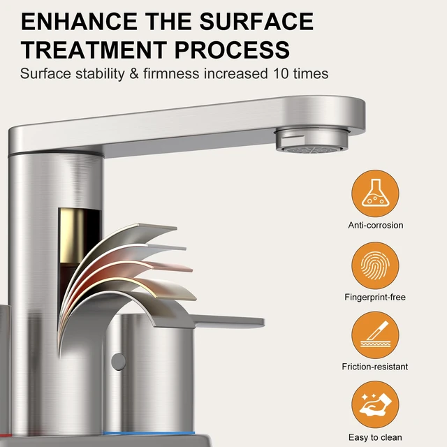 Alt view image 4 of 7 - Brushed Nickel Bathroom Faucets 4 in Centerset Faucet for Bathroom Sink 2 or 3 Hole Basin 2-Handle 360° Swivel Spout Sink Faucet with Pop up Drain and Water Supply Hose for Farmhouse Vanity