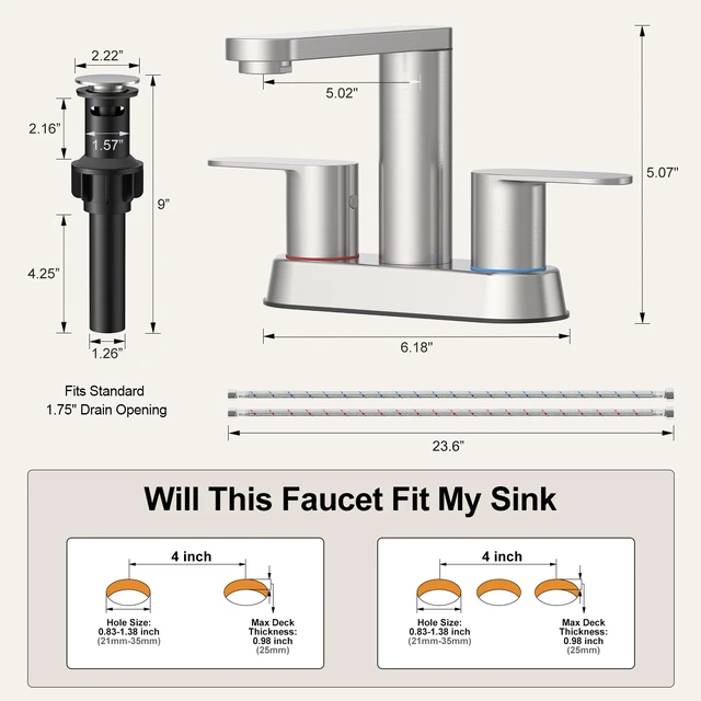 Alt view image 6 of 7 - Brushed Nickel Bathroom Faucets 4 in Centerset Faucet for Bathroom Sink 2 or 3 Hole Basin 2-Handle 360° Swivel Spout Sink Faucet with Pop up Drain and Water Supply Hose for Farmhouse Vanity