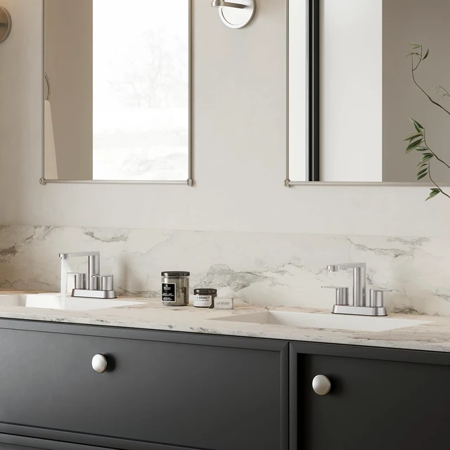 Alt view image 7 of 7 - Brushed Nickel Bathroom Faucets 4 in Centerset Faucet for Bathroom Sink 2 or 3 Hole Basin 2-Handle 360° Swivel Spout Sink Faucet with Pop up Drain and Water Supply Hose for Farmhouse Vanity