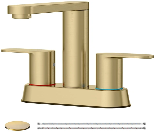 Main image of Brushed Gold Bathroom Faucets 4 Inch Centerset Faucet for Bathroom Sink 2 or 3 Hole Basin 2-Handle 360° Swivel Spout Bathroom Sink Faucet with Pop up Drain Water Supply Hose for Farmhouse Vanity RV