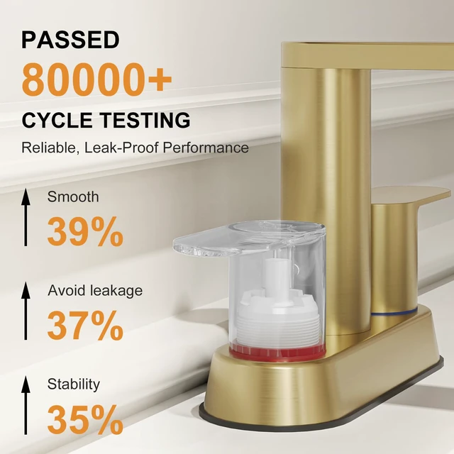 Alt view image 3 of 7 - Brushed Gold Bathroom Faucets 4 Inch Centerset Faucet for Bathroom Sink 2 or 3 Hole Basin 2-Handle 360° Swivel Spout Bathroom Sink Faucet with Pop up Drain Water Supply Hose for Farmhouse Vanity RV