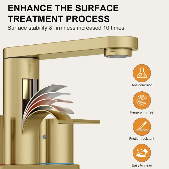 Alt view image 4 of 7 - Brushed Gold Bathroom Faucets 4 Inch Centerset Faucet for Bathroom Sink 2 or 3 Hole Basin 2-Handle 360° Swivel Spout Bathroom Sink Faucet with Pop up Drain Water Supply Hose for Farmhouse Vanity RV