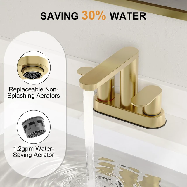 Alt view image 5 of 7 - Brushed Gold Bathroom Faucets 4 Inch Centerset Faucet for Bathroom Sink 2 or 3 Hole Basin 2-Handle 360° Swivel Spout Bathroom Sink Faucet with Pop up Drain Water Supply Hose for Farmhouse Vanity RV