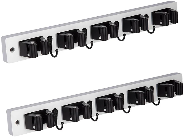 Main image of 2 Pack Broom Holder Wall Mount With 5 Slots & 4 HooksRustic Wood Broom & Mop HangerWall Mounted Garden & Garage Tool Storage Organizer Rack for Closet Laundry Room or Kitchen Wall Decor White